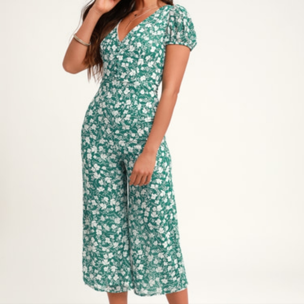 Lulu's Gracious Gardens Green Floral Culotte Jumpsuit